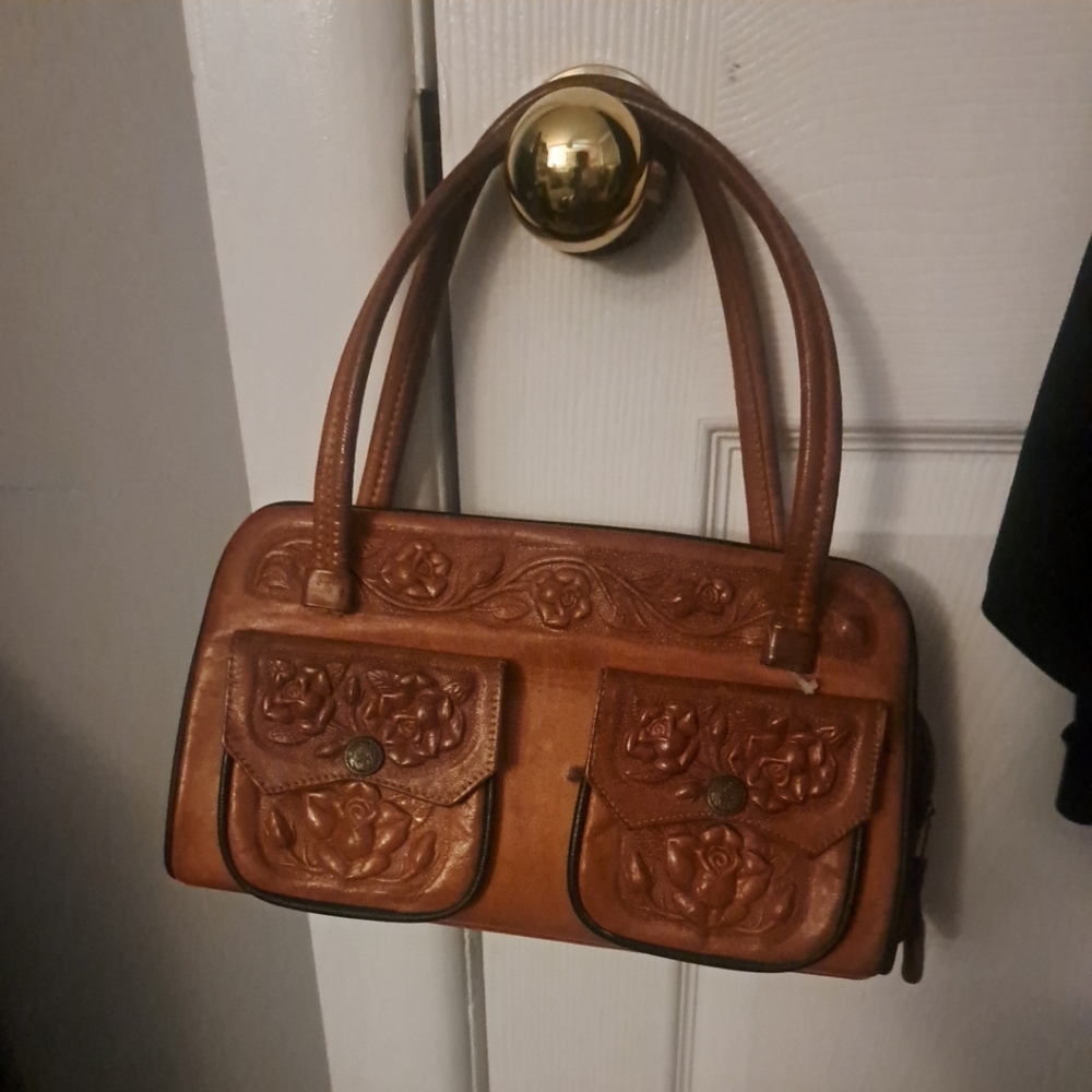 Vintage Tooled Brown Leather Handbag